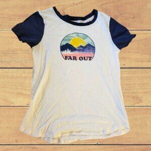 "Far Out" Old Navy Every Day Wear White T-Shirt with Navy Blue Sleeves size XS